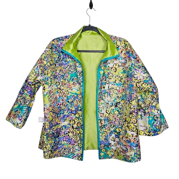 Green Floral Blazer with Lime Trim and Open Front - Picture 1 of 7